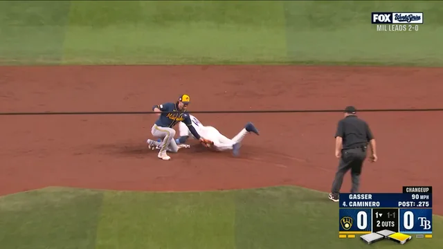 Chandler Simpson over slides 2nd base and is caught stealing by William Contreras!