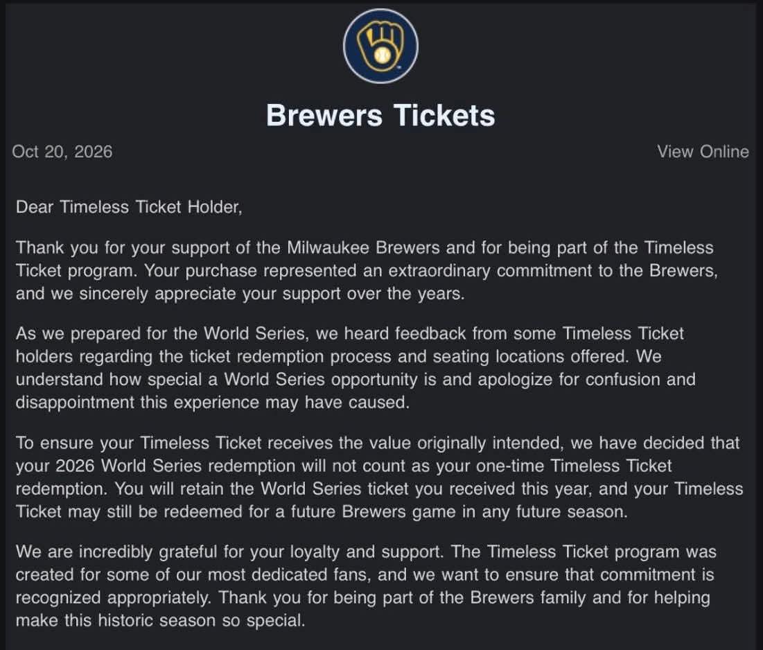 Update from the Milwaukee Brewers on the Timeless Ticket situation: