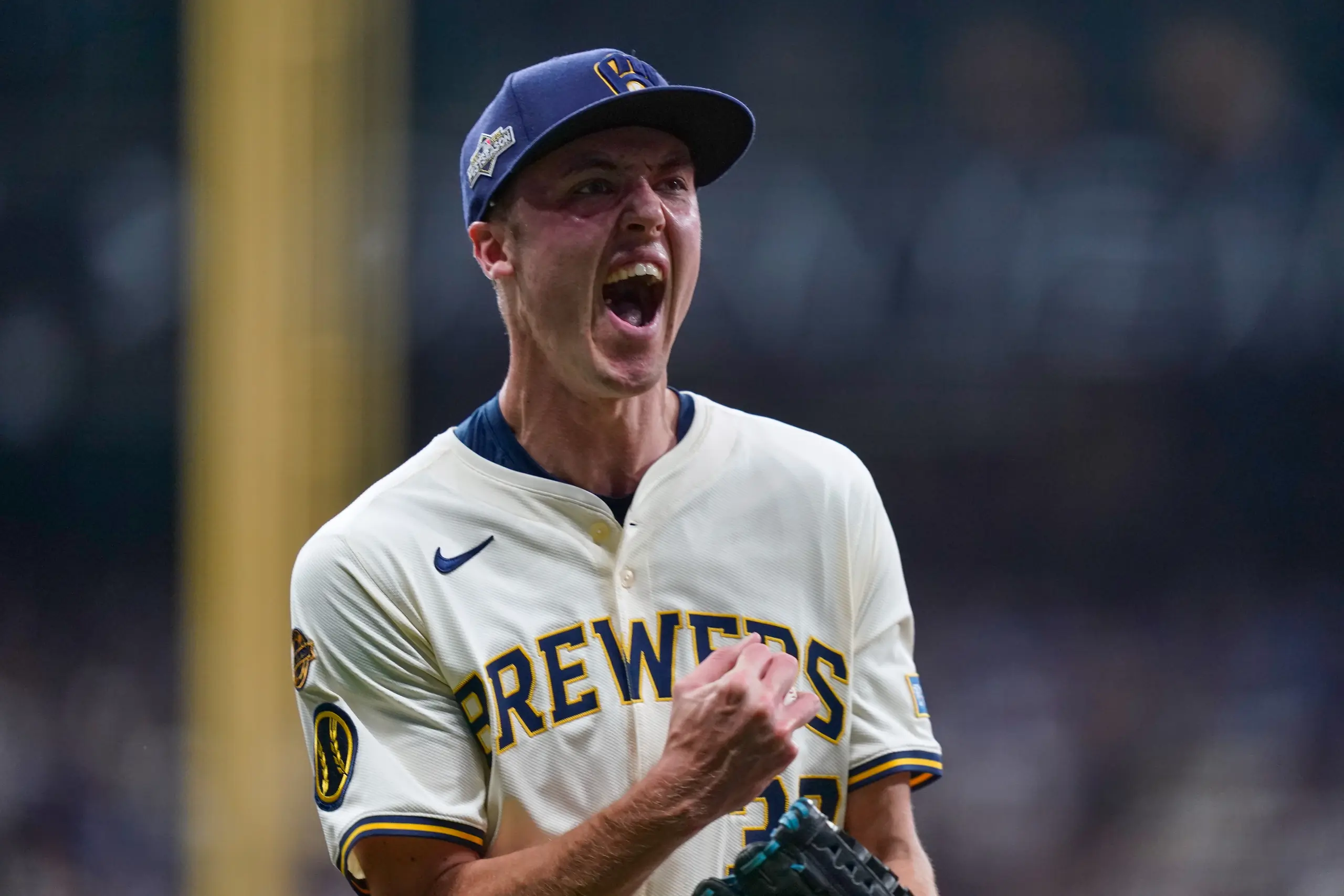 Jacob Misiorowski taking the mound for the Brewers in Game 5 of the World Series