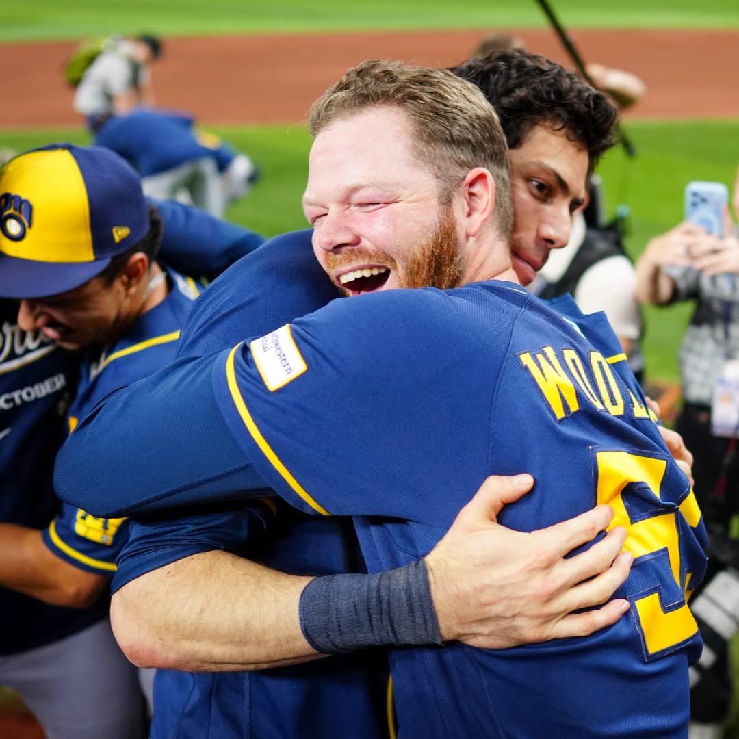 Brandon Woodruff & Christian Yelich hugging each other after finally winning a World Series ring! 🥺💍